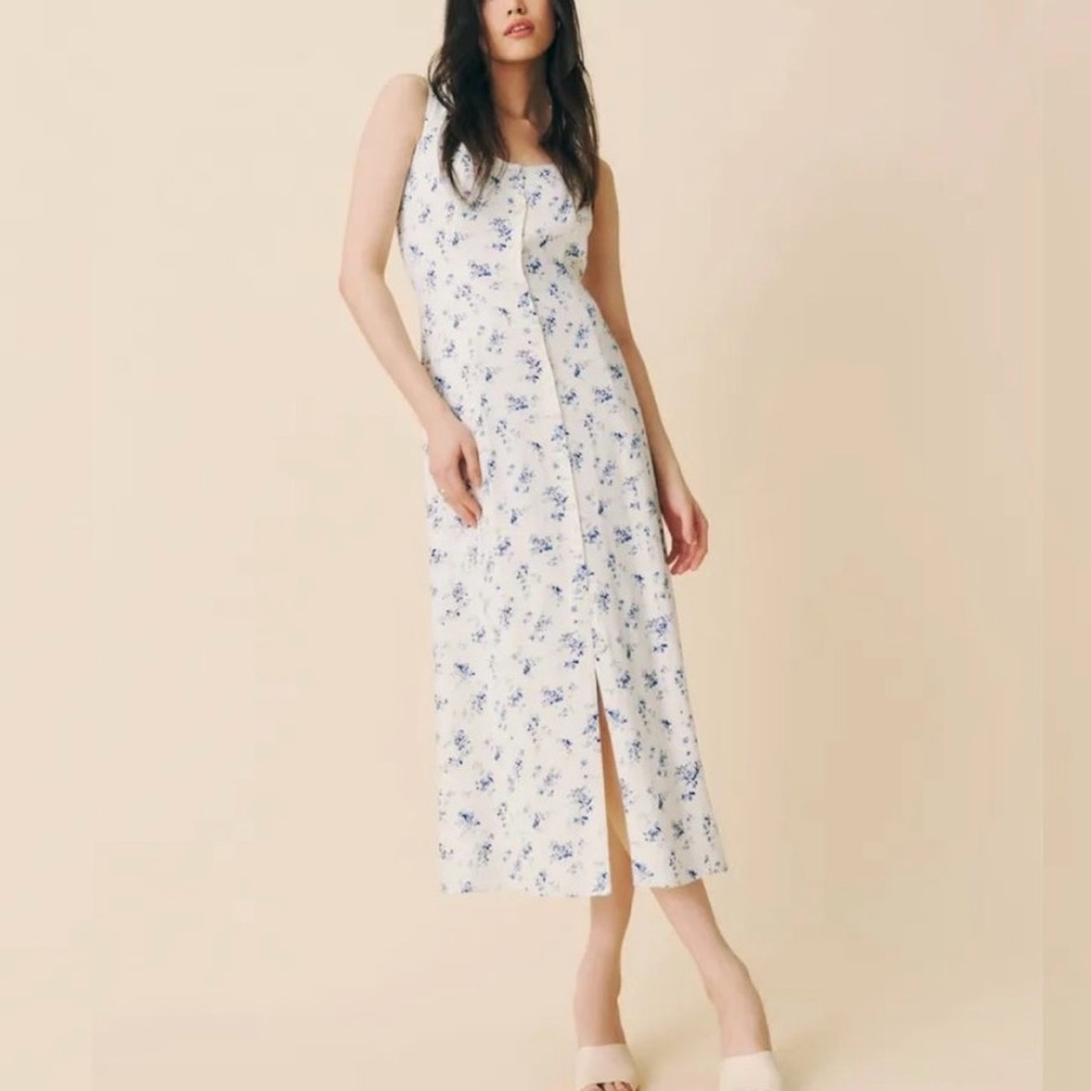 Reformation Londyn Dress in Orlaya White Blue Floral Midi Sleeveless Dress